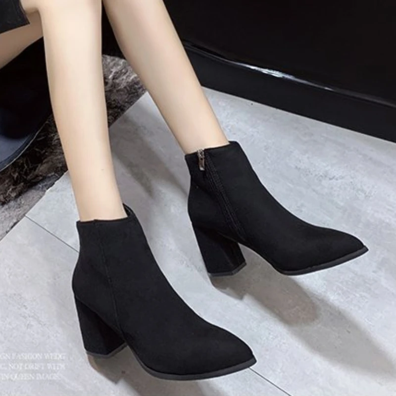 High Heel Ankle Boots Women\'s Winter 2024 New Side Zipper Suede Pointed Head Korean Shoes Ladies Fashion Thick Heels Beige Black