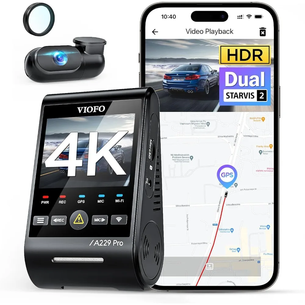 A229 Pro 4K HDR Dash Cam, 4K+2K Front and Rear Car Camera, 2 Channel with HDR, Voice Control, 5GHz WiFi GPS, Night Vision 2.0