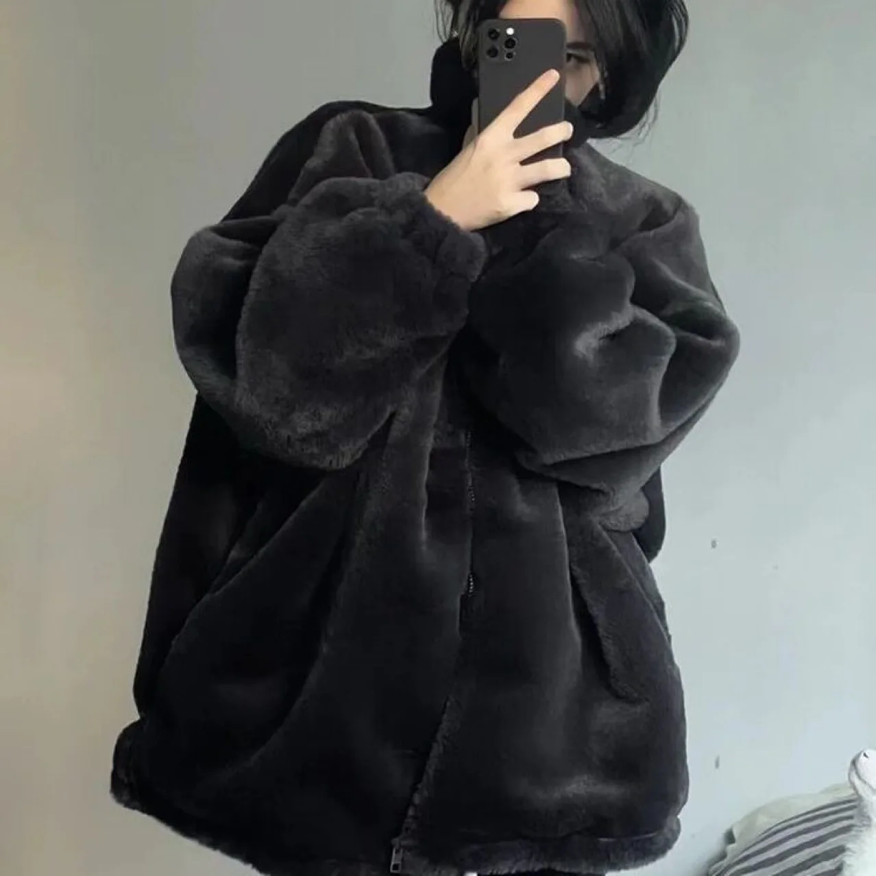 new winter fur coat female lamb coat mink velvet loose thickened black coat women