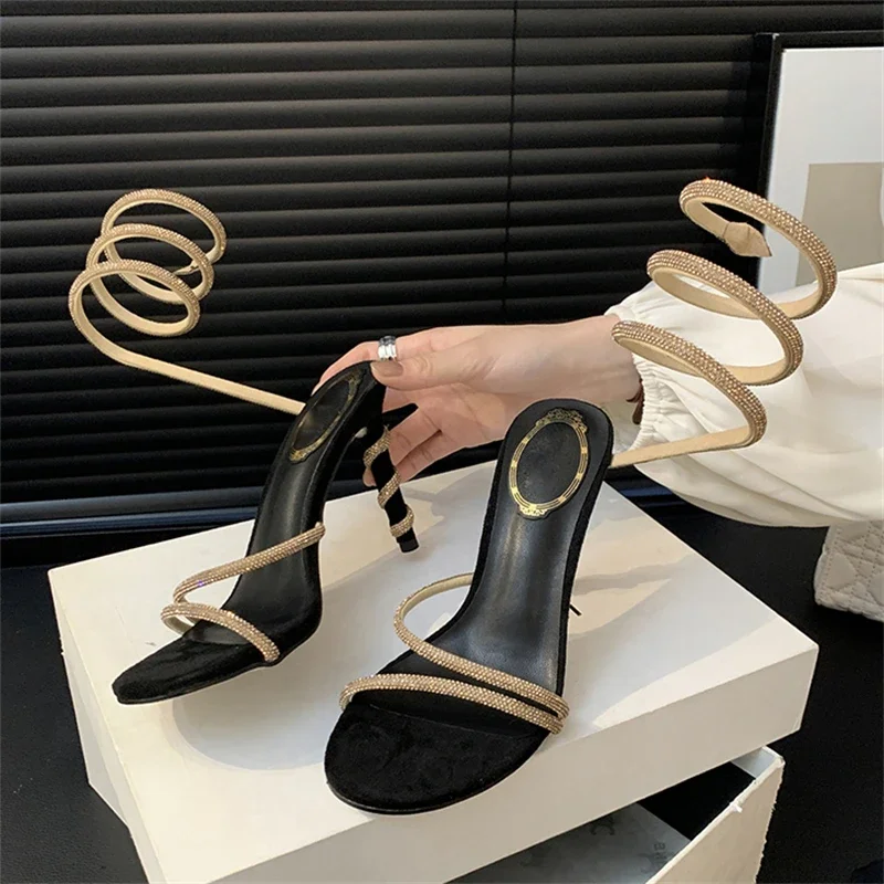 Aneikeh Luxury Glitter Rhinestones Snake Coiled Women Sandals Woman Open Toe Stiletto High Heels Wedding Party Stripper Shoes
