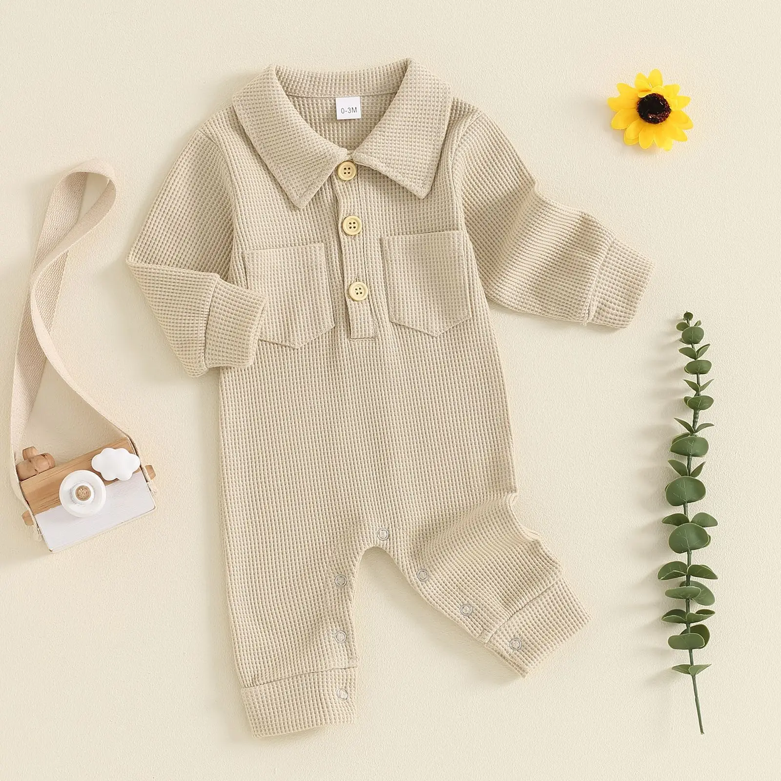 MILANCEL 2024 Autumn Baby Rompers Turn Down Collar Boys Clothing Waffle Jumpsuits Infant Outfit