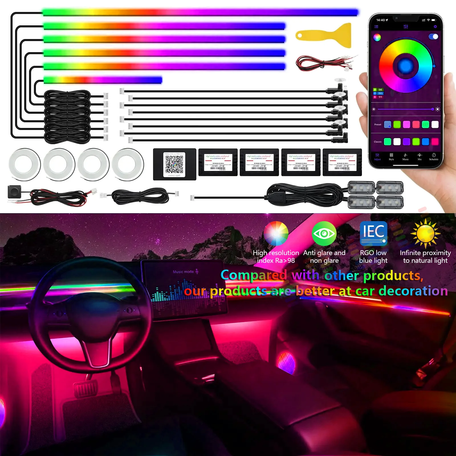 22 In1 Full Universal Symphony Car LED Ambient Lights Decoration Atmosphere Lamp 64 RGB Colorful Streamer Rainbow App Control