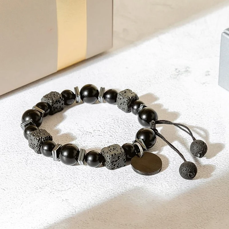 Black Bracelet Lava Square Volcanic Stone Bracelet Men\'s Matte Black Glass Beads Adjustable Bracelet Bracelet Charm Bracelet