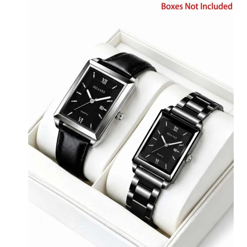 2pcs Men Watches Set Simple Rectangle Quartz Wristwatch with Calendar Business Leather & Metal Strap Male Clock Not Include Box