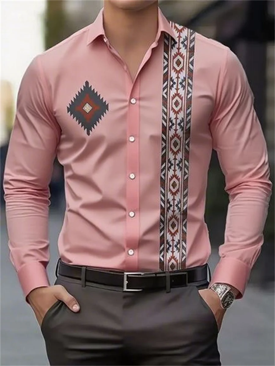 14 ألوان قميص رجالي موضة هندسية ثلاثية الأبعاد عالية الوضوح الطباعة طويلة الأكمام موضة قميص غير رسمي الأعمال التلبيب العلوي XS-6XL