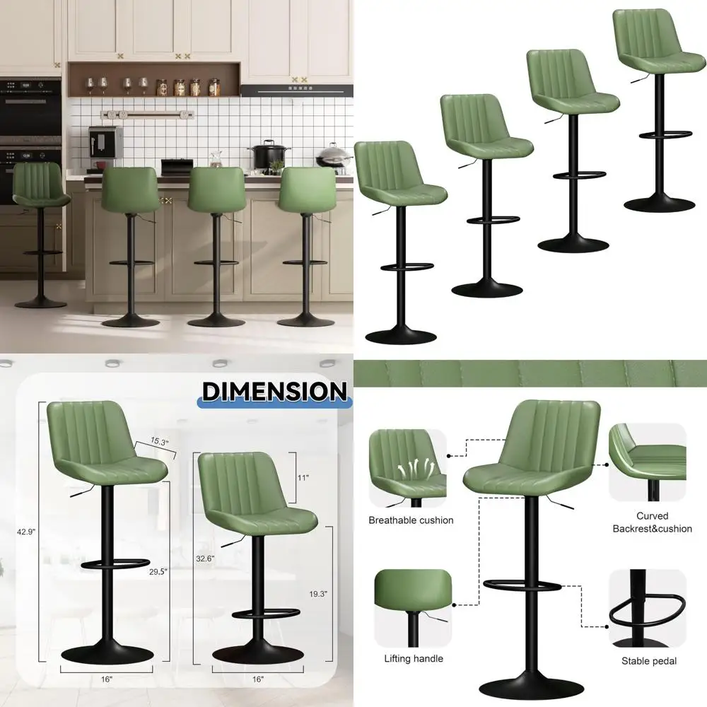 Set of 4 Swivel Adjustable Leather Bar Stools, Green, for Kitchen Island Counter Height