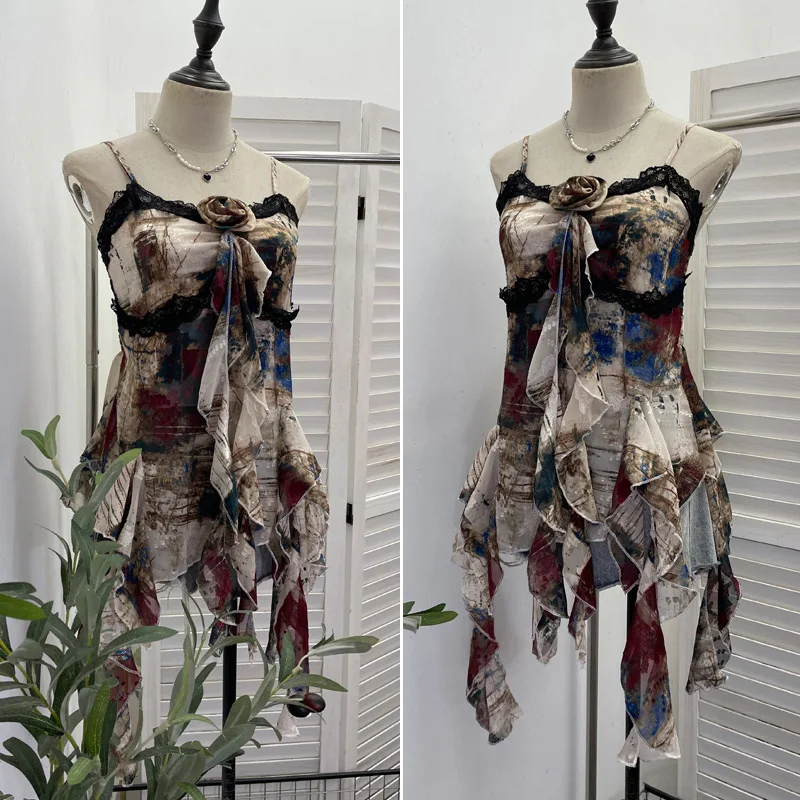 ISAROSE Y2K Oil Painting Camisole for Women Summer Lace Patchwork Asymmetrical Ruffles Back Stretch Spaghetti Straps Tops