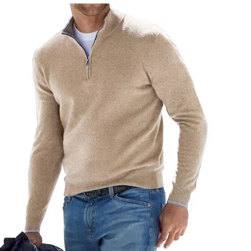 New Autumn Long-sleeved V-neck Cashmere Zipper Men's Casual Top Polo Shirt 2025