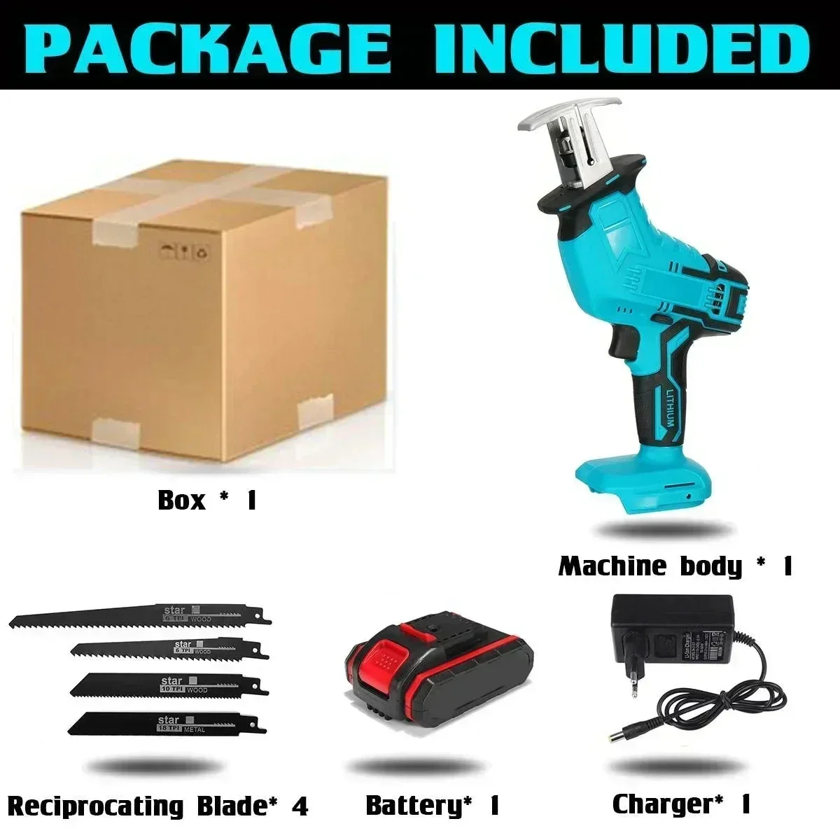 

21V Cordless Electric Reciprocating Saw Rechargeable Li-ion Battery Saw Quick Change BladeMetal Wood PVC Cutting Power Tools