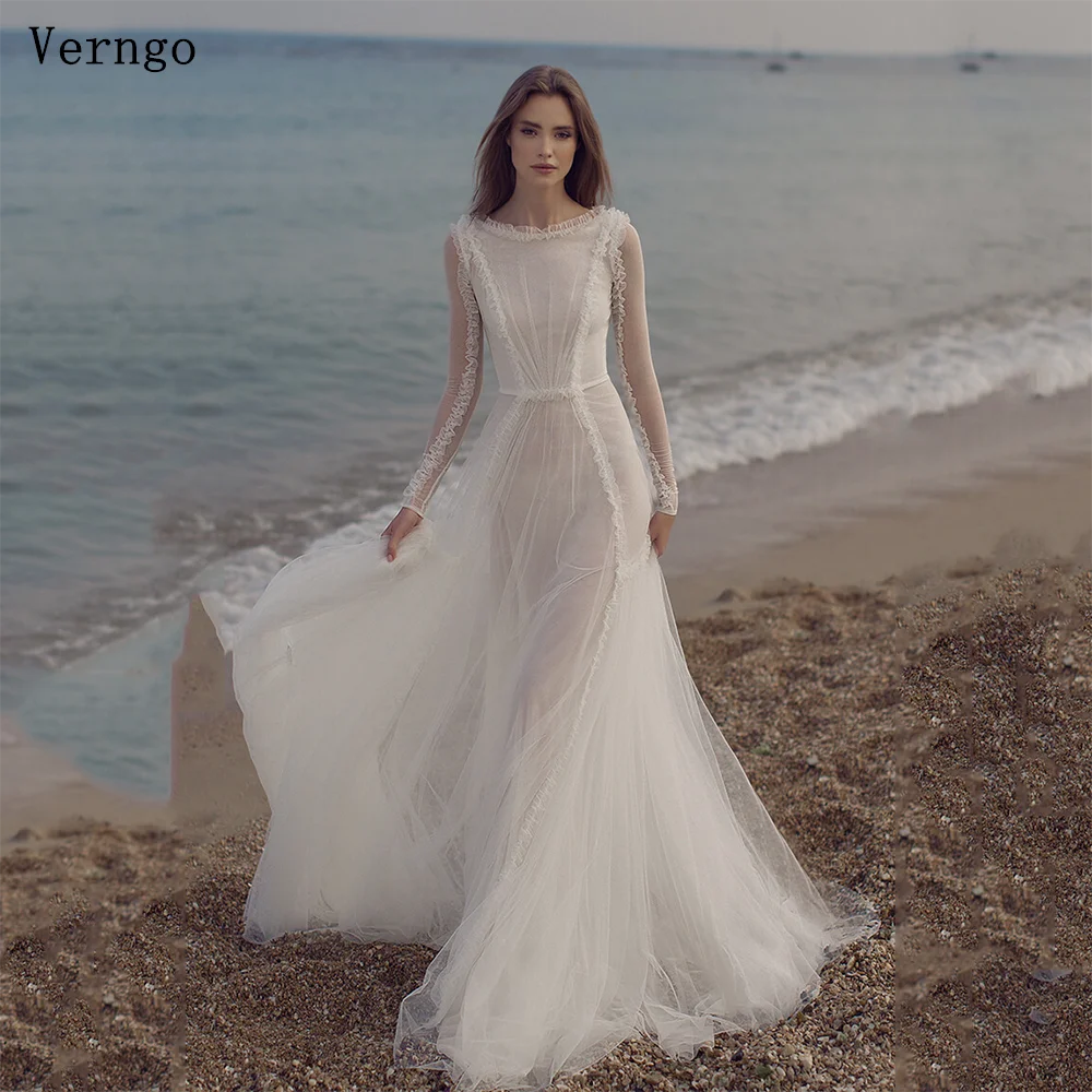 

Verngo lvory Tulle Prom Gown High O Neck Full Sleeves Evening Dress Women Elegant Pleat A Line Prom Party Dress