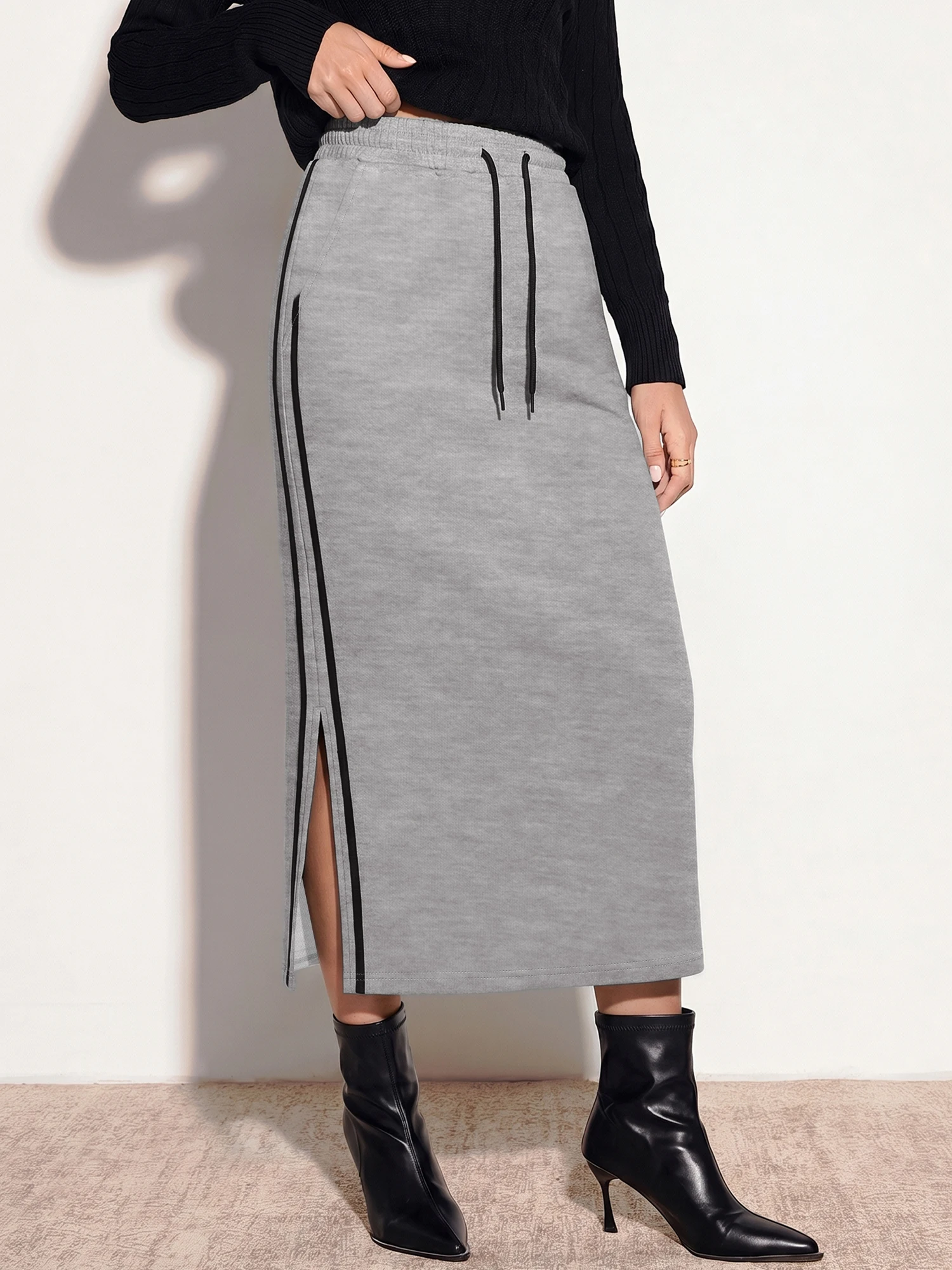 Relax Fit Athletic Midi Skirt, Side Split Design, Morning Jogging & Park Stroll Athleisure Wear