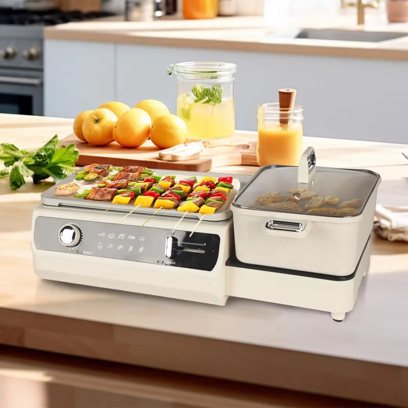 Olla caliente para el hogar, bandeja eléctrica multifuncional para hornear, horno eléctrico integrado para asar Shabu, barbacoa interior