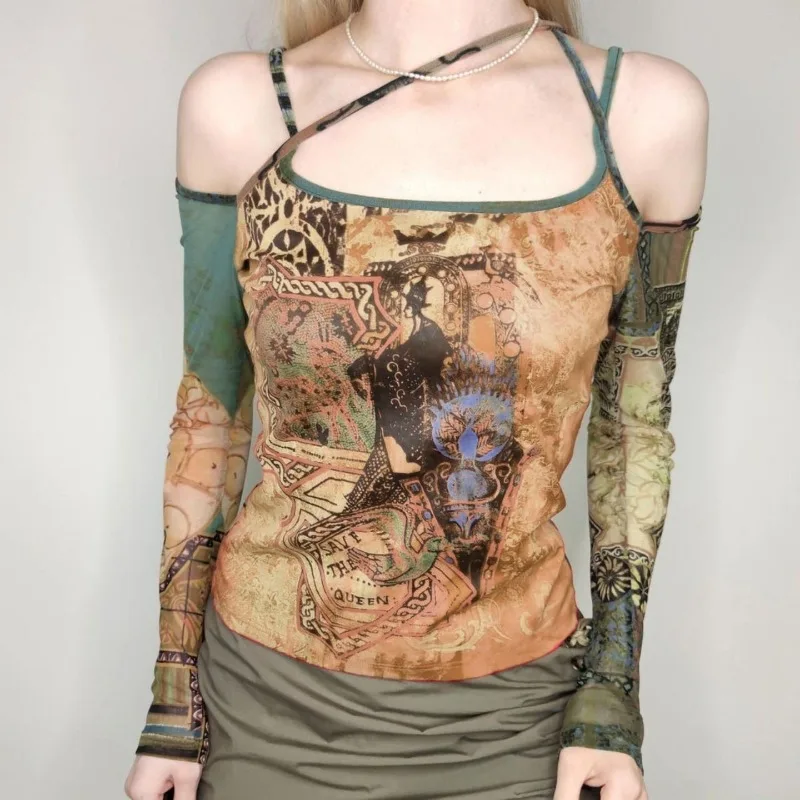 

Сетчатая футболка с длинными рукавами и принтом во французском стиле ретро, облегающий крой и универсальный топ с открытыми плечами с персонализированным принтом