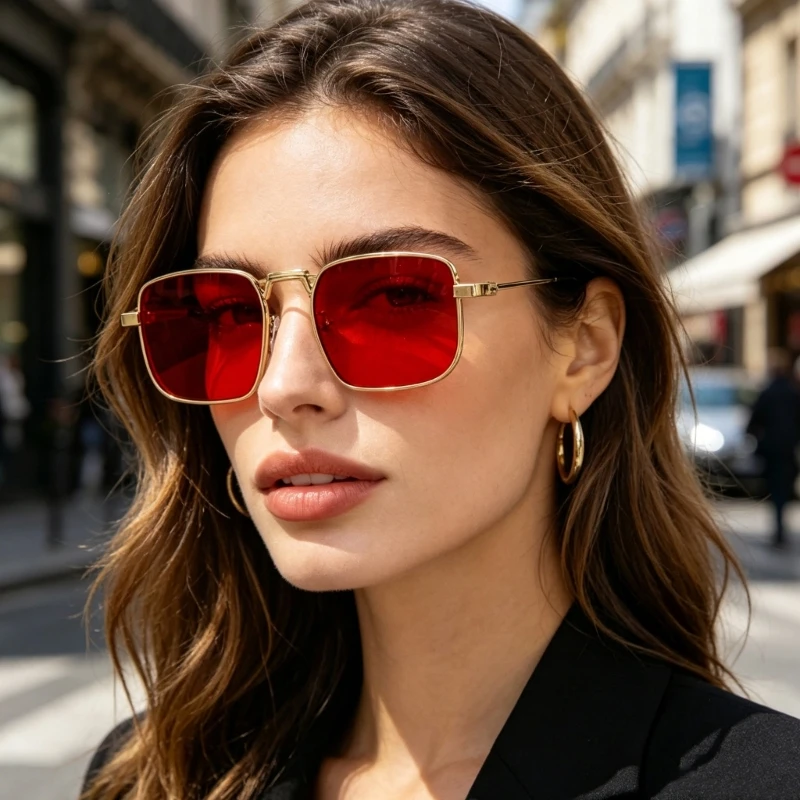 LXAF Square Frame Sunglasses Metal Texture with Spring Hinges Flexible Nose Pad