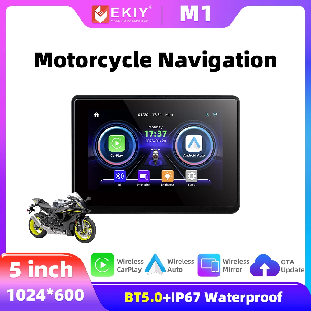 

EKIY 5-дюймовый мотоциклетный экран Carplay, портативный мотоциклетный GPS-навигатор, беспроводной CarPlay Moto Android Auto
