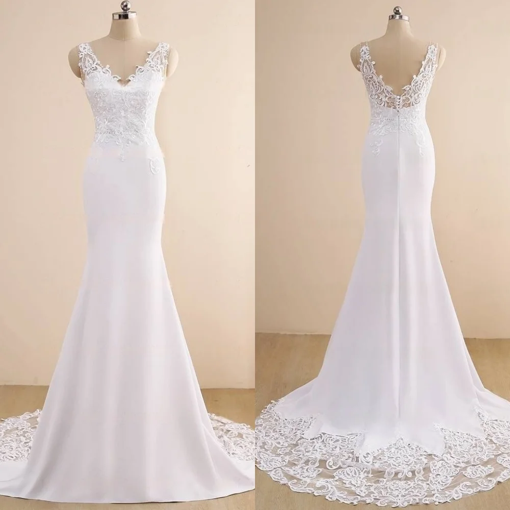 

Customized White Satin Applique Wedding Party A-line V-neck Long Dresses Elegant Formal Formal Luxury Romantic Wedding Dress