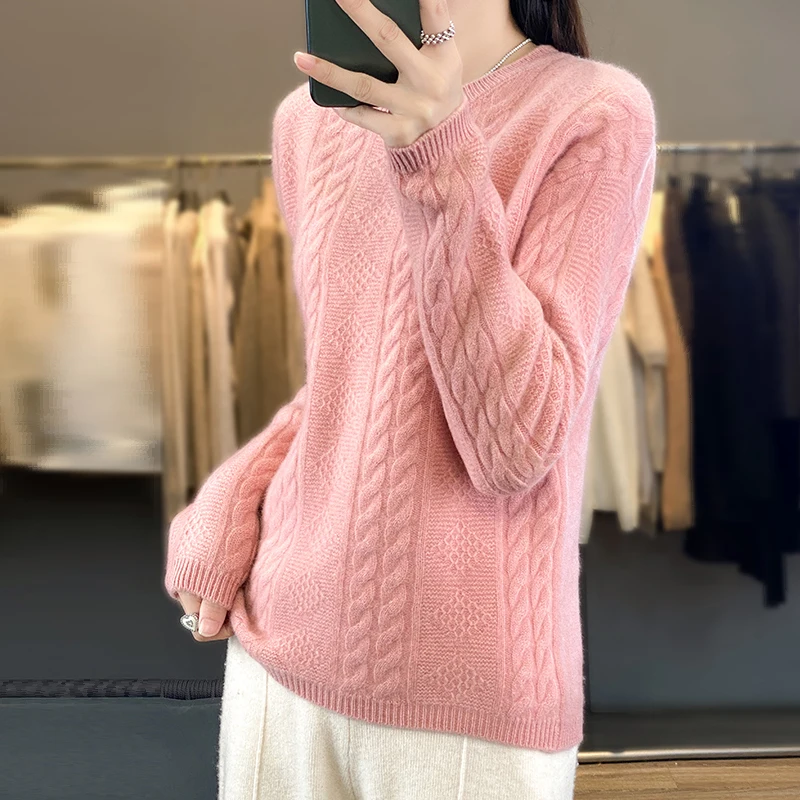 

Round neck 100% pure cashmere sweater for women in autumn and wintersolid colorversatile twisted knit sweaterloose wool