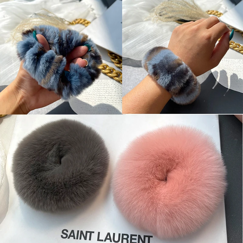 Real Animal Fur Hair Scrunchies Soft Furry Elastic Hair Band for Women Girls Ponytail holder Rubber Bands Hair Accessories