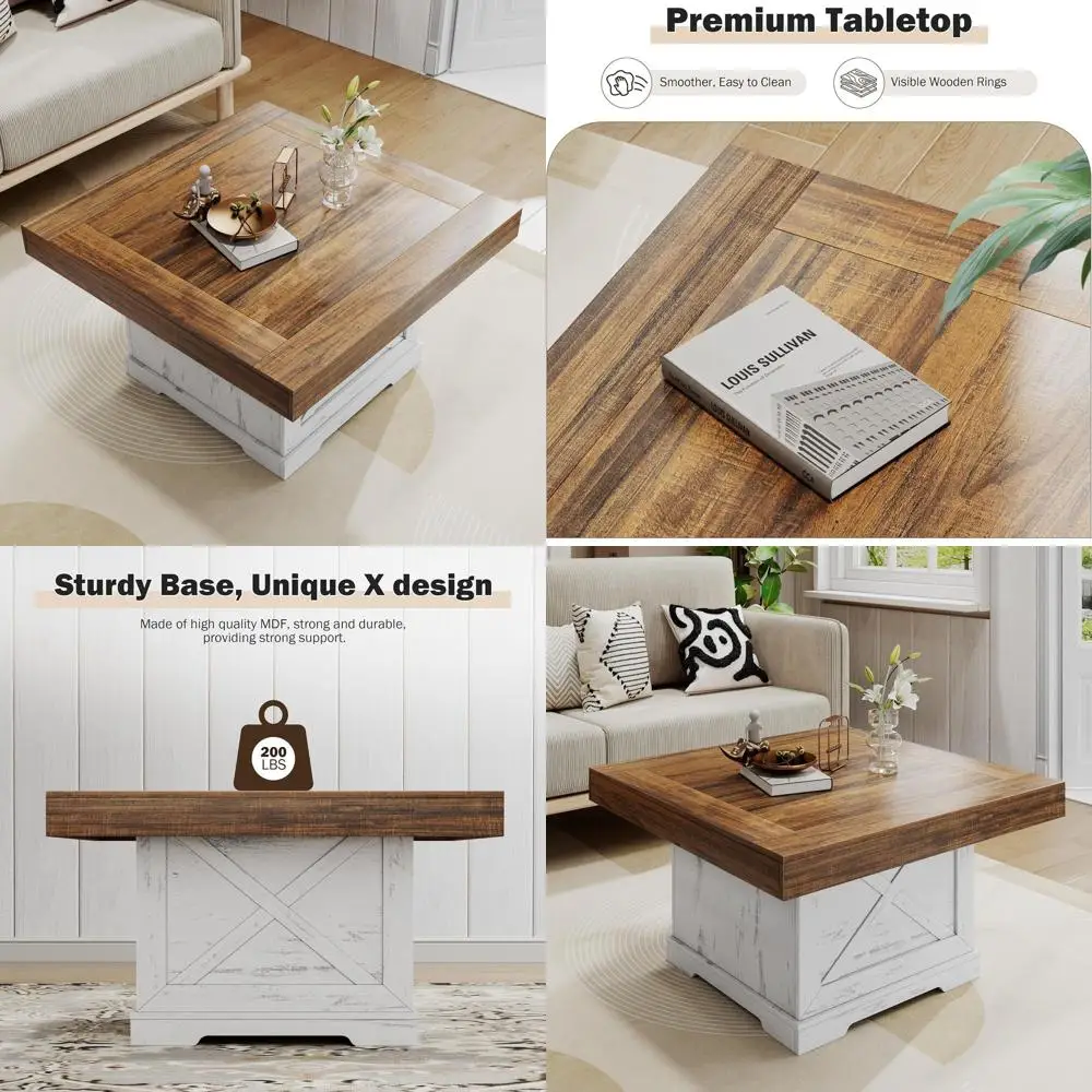 

Farmhouse-Style 31.5 Antique White Wooden X-Pedestal Coffee Table for Living Room & Dining Area