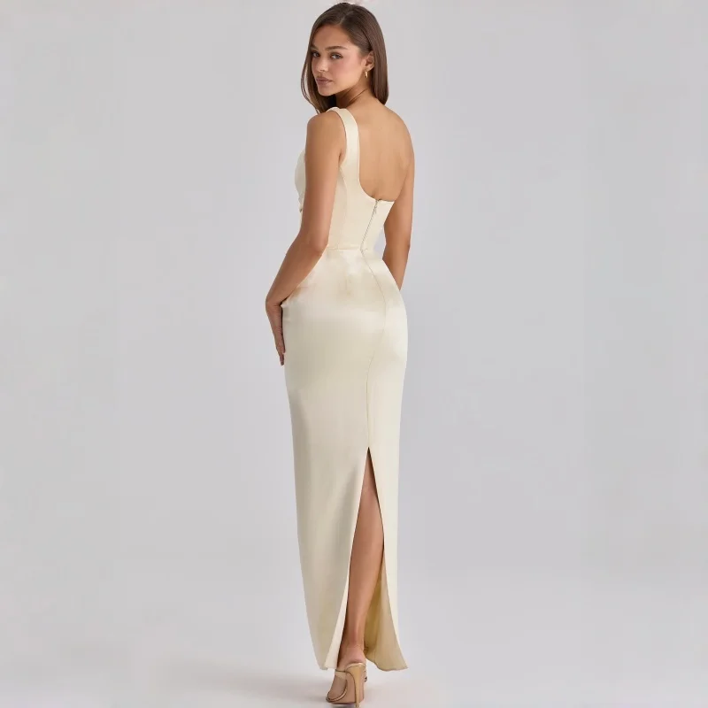 

French Satin One Shoulder Formal Dress Backless Waist Cinched Ruched Maxi Dress Chic Elegant Bridesmaid Gown Birthday Party