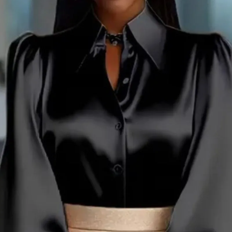 Mulheres novo estilo viajando sólido puff manga longa lapela camisa de cetim roupas femininas primavera outono moda weedding blusas