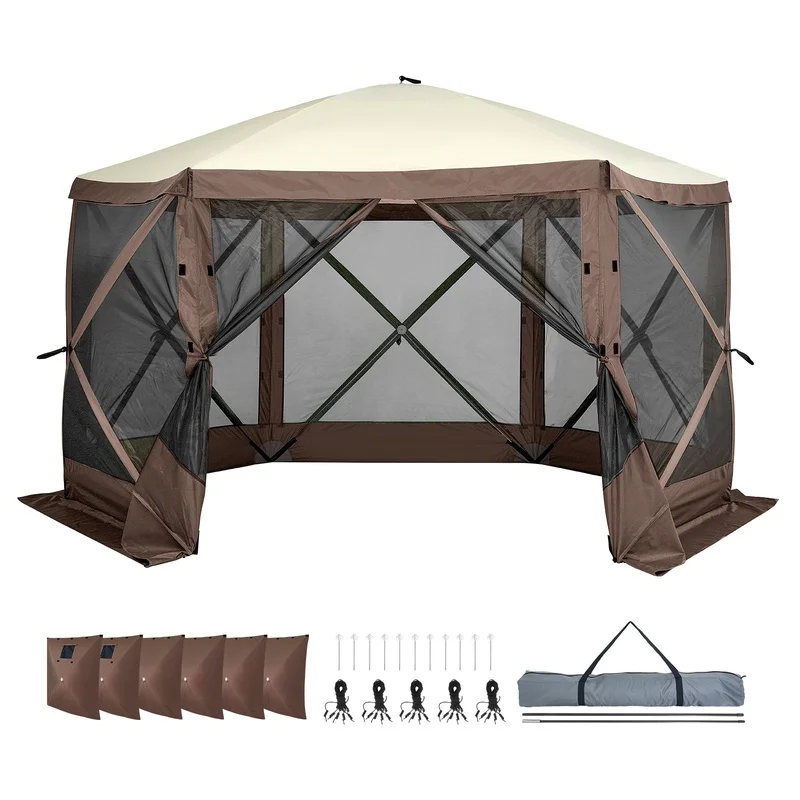 

6-Sided Pop-Up Screen Tent 11.5x11.5FT Quick Setup Canopy with Removable Privacy Panels and Mesh Windows, Brown