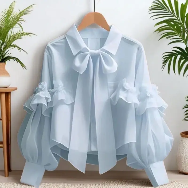 Sweet Bow-Tie Long-Sleeve Blouse Women's Shirts New Top Lace Trendy Versatile French-Style Unique Shirt Green Blue Tops