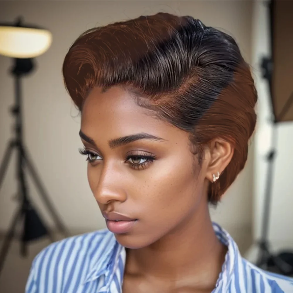 

13x4 frontal lace 6Inch 150% Density Basic Style for Daily Women'S Chic Retro short straight Pixie Cut human hair Wig