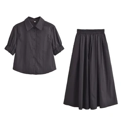 Women VintageTwo Piece Skirt Set Summer Short Sleeve Shirts Long Skirt Set Casual Matching Pleated Skirt Suit Sexy 2 Pcs Outfits