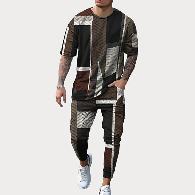 Men's T-shirt Long Pants Tracksuit Stripes Geometry 3D Print T Shirts Trousers Set 2 Pieces Streetwear Oversized Suit Sportswear