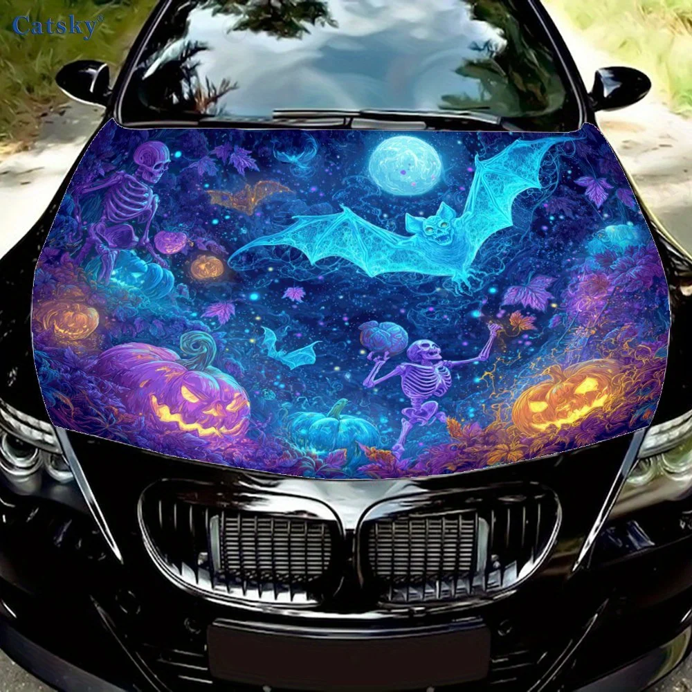 

Magical Neon Bat Halloween Car Vinyl Wrap, PVC Waterproof Car Hood Sticker, Self-Adhesive Scratch-Resistant Stickers for Engine