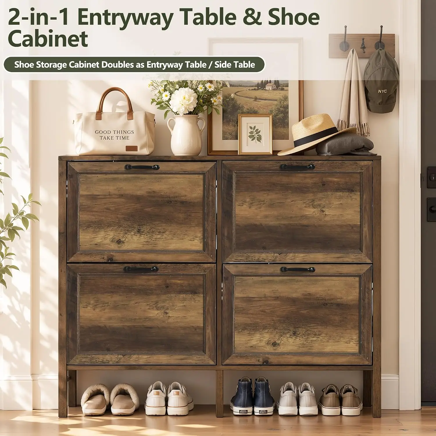 Slim Shoe Cabinet 4 Flip Drawers Freestanding Hidden Wooden Organizer Entryway Hallway Small Apartment Brown 9.2