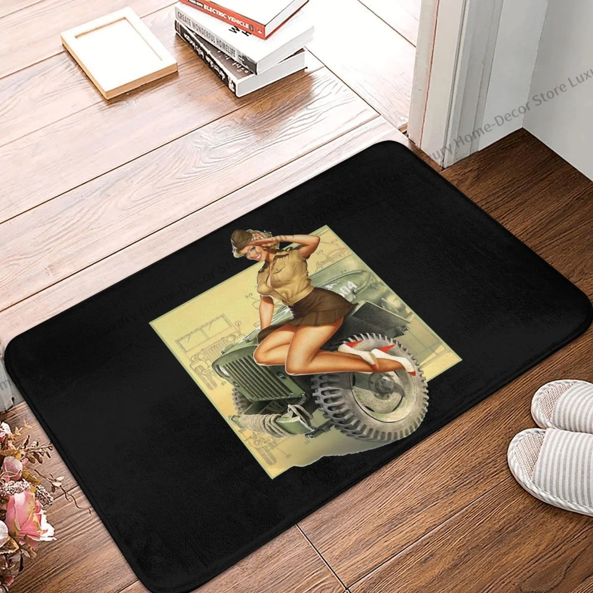 Kitchen Non-Slip Carpet Pin Up Girl WWII Willys MB Poster Vintage Flannel Mat Welcome Doormat Home Decor Rug