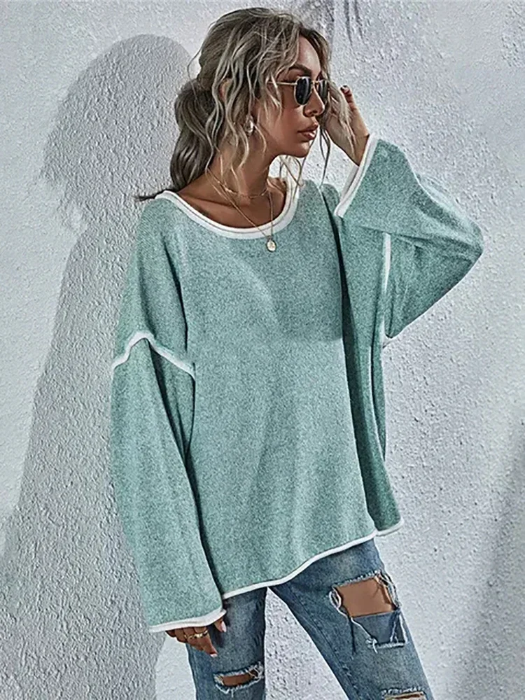 Fitshinling Vintage Oversized Sweater Women Patchwork Loose One Shoulder Jumper Knitwear Fashion Casual Pullover Winter Tops New