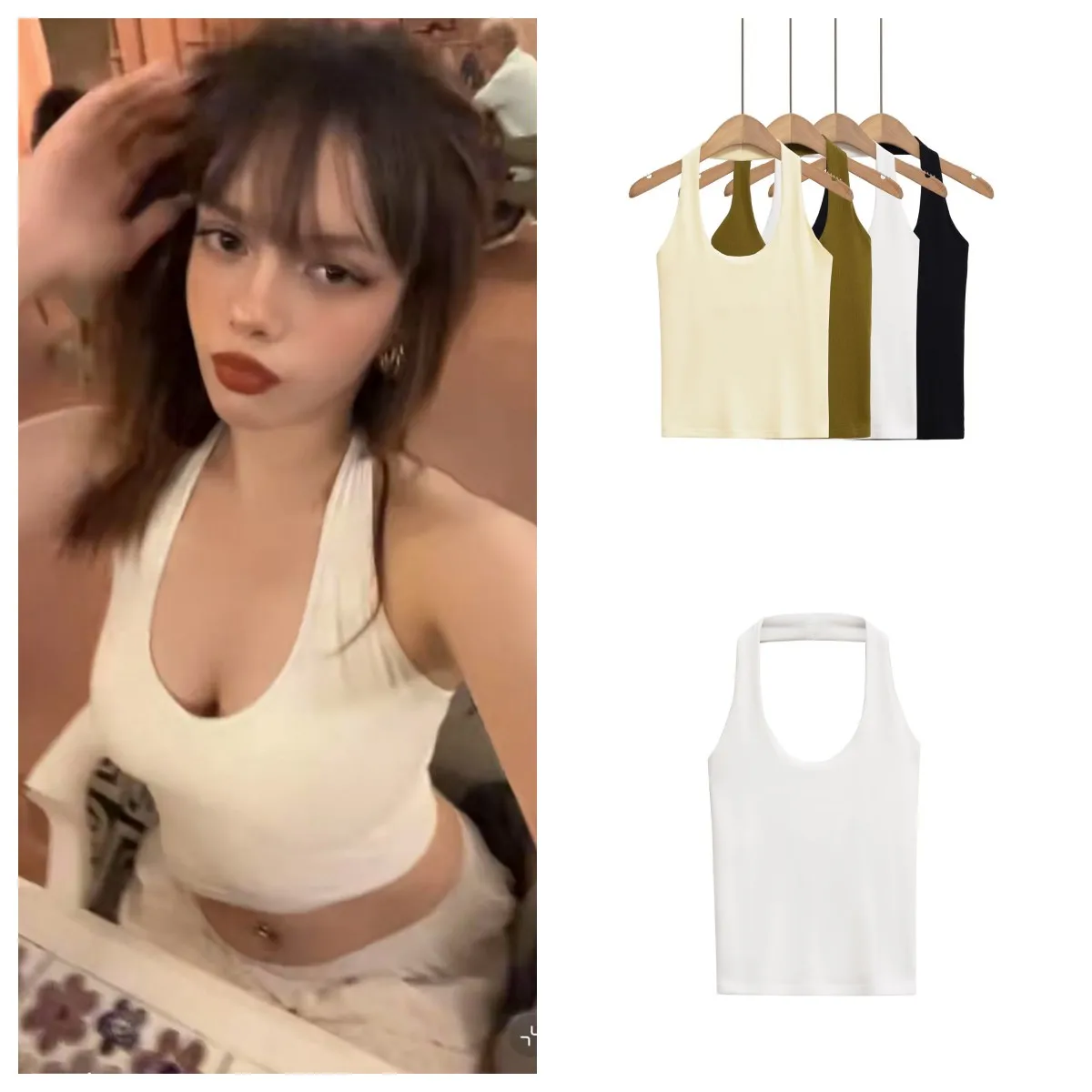 ETJ 2025 new product  women's sexy hot girls outfit hang neck neck stretch slim backless base all-match solid color top