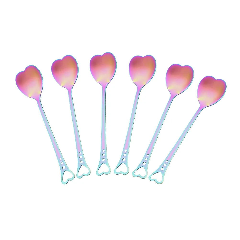 

6pcs Heart-shaped Spoon Stainless Ice Cream Spoon Steel Dessert Long Handle Ice Cream Teacup Wear Resistance Practical