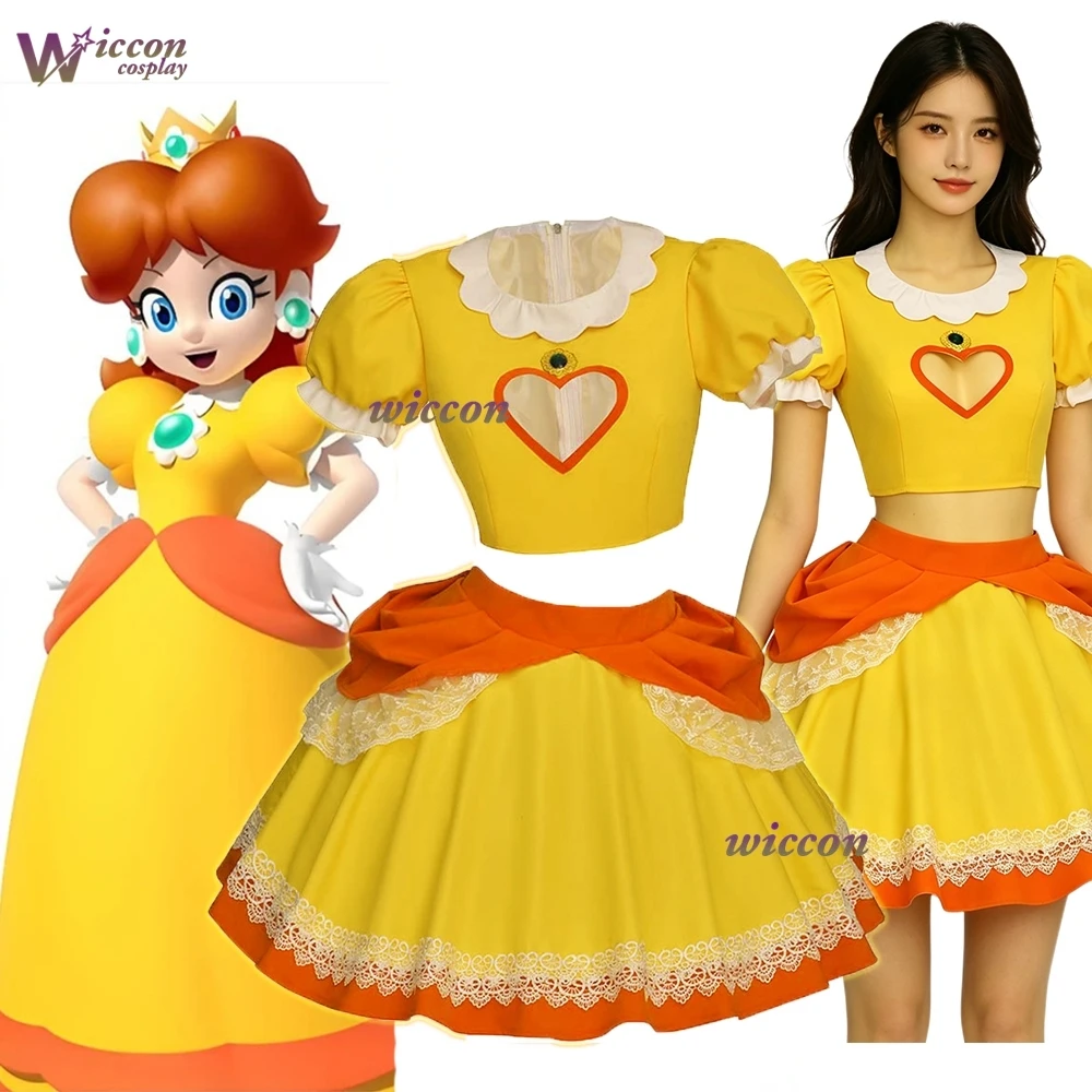 Prinzessin Daisy Gelbes Kostüm Pfirsichrotes Crop-Top Röcke Kostüm Damen Sommer Strand Kurzarm Halloween Party Outfits