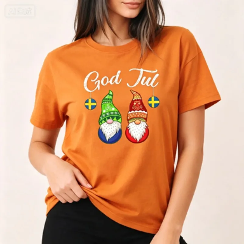 Women  Cotton T-Shirt God Jul Swedish Flag Gnome Graphic Tee, Vintage Scandinavian Christmas Short Sleeve Casual Holiday Tops