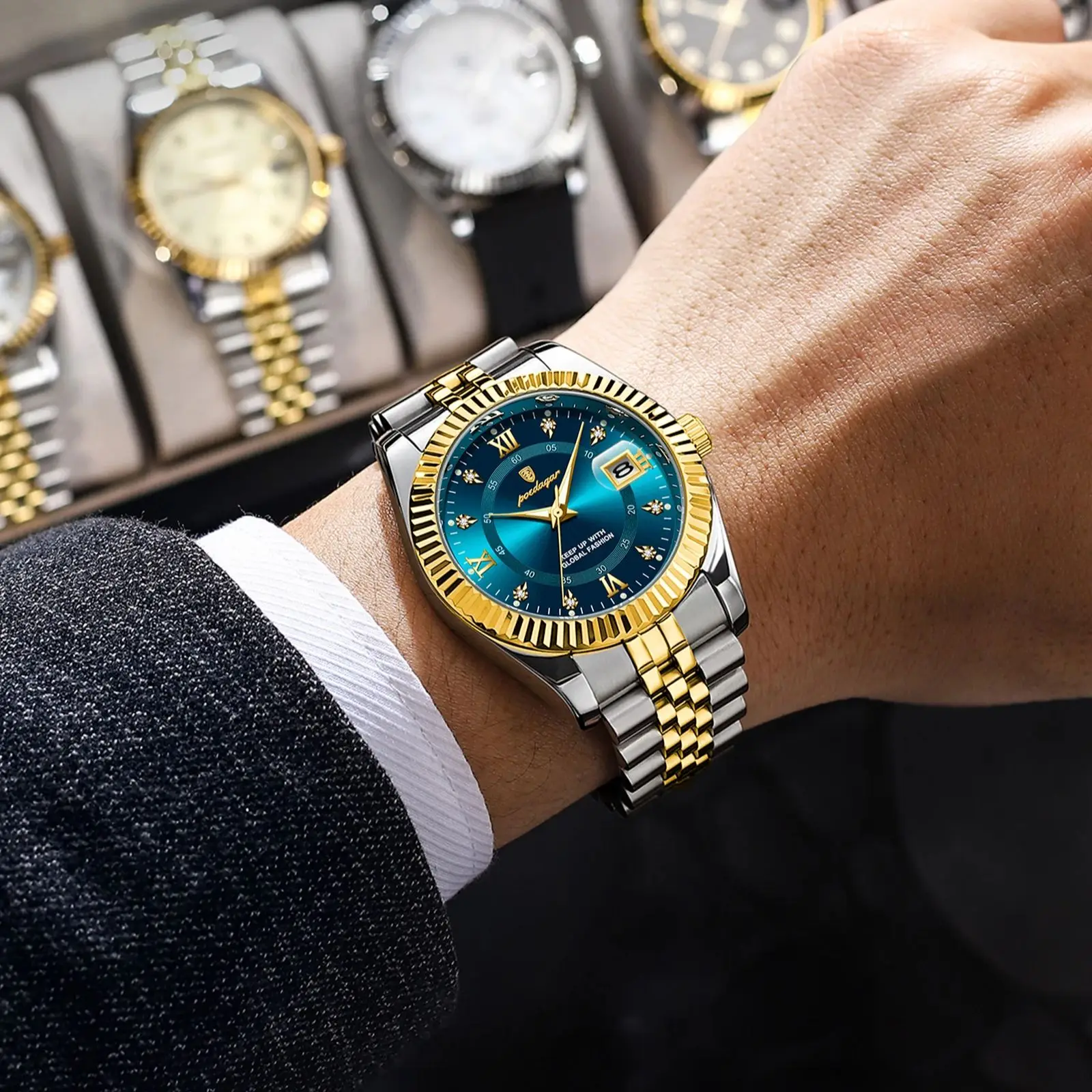 POEDAGAR ساعة معصم رياضية فاخرة للرجل مقاوم للماء مضيئة تاريخ الرجال ساعة كوارتز الفولاذ المقاوم للصدأ ساعات رجالية ذكر Reloj + صندوق