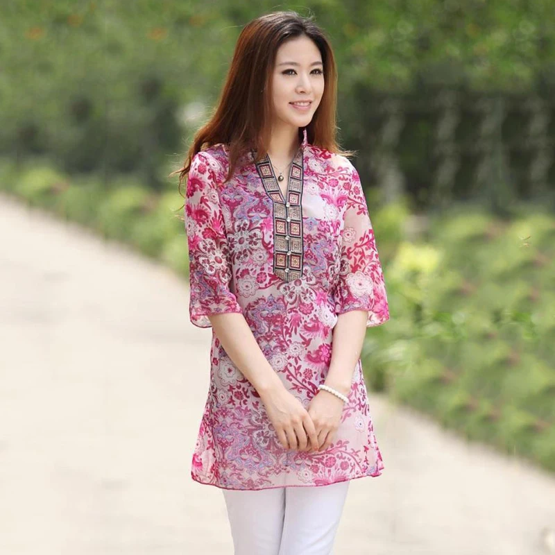 Womens Tops and Blouses 2024 Women Long Chiffon Blouse Printing Chiffon Shirt Flare Sleeve Female Floral Blouse Feminina Blusas