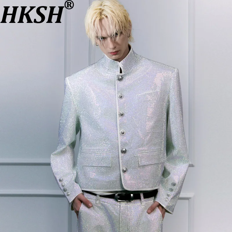 

HKSH осень-зима новая мужская модная брендовая куртка в стиле панк со сверкающими бриллиантами, пальто для выступлений на сцене, элегантный шикарный топ HK16530
