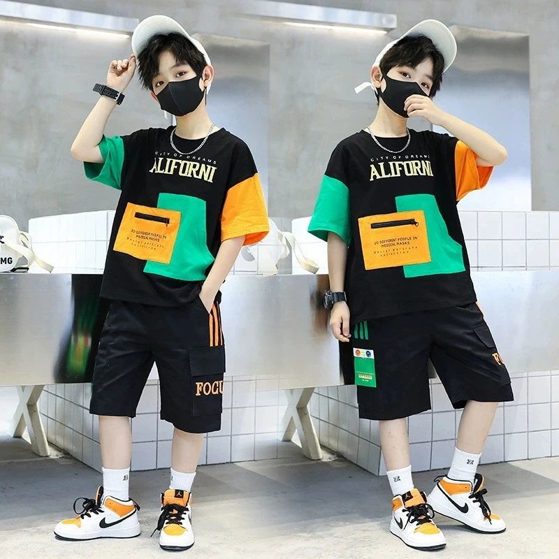 New Summer Teenagers Boys Clothing Sets Child Fashion Letter Top And Shorts 2Pcs Kids Tracksuit 4 5 6 7 8 9 10 11 12 Years Old