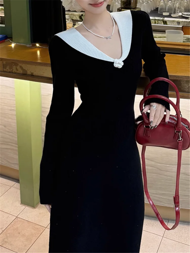 خريف جديد خمر أزياء الخصر النحيف الأسود محبوك فستان طويل الأكمام 3D زهرة الخامس الرقبة ألف خط شيك ميدي سترة قاع اللباس