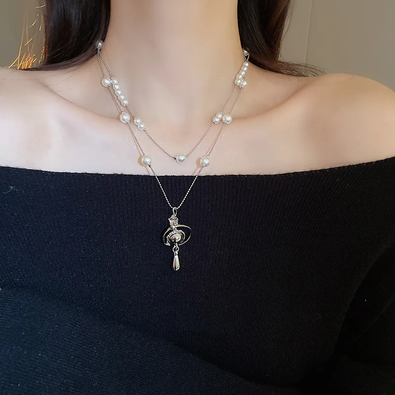 Colar de pérolas com gota de água saturno incrustado de diamantes, luz francesa, luxo, corrente de suéter premium, versátil, presente de aniversário de natal