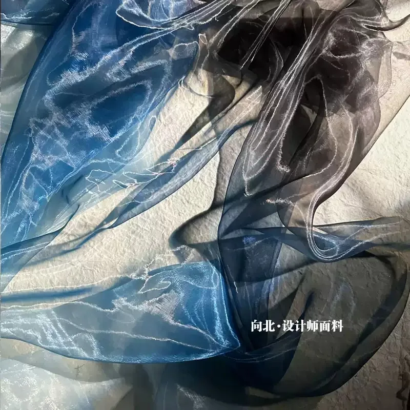 Flowy Black‑Blue‑White Gradient Liquid‑Luster Organza Gauze Fabric for Hanfu Designer Handcraft