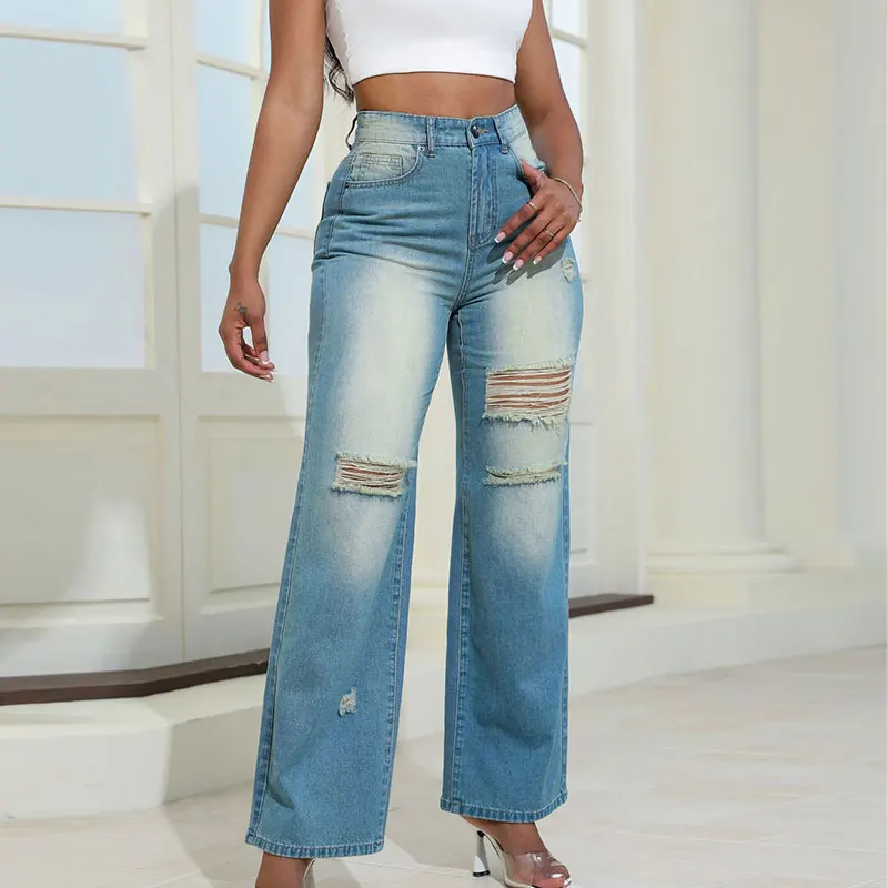 Casual High Waist Ripped Hole Straight Jeans Women Streetwear Slim Fit Stretchy Baggy Denim Pants