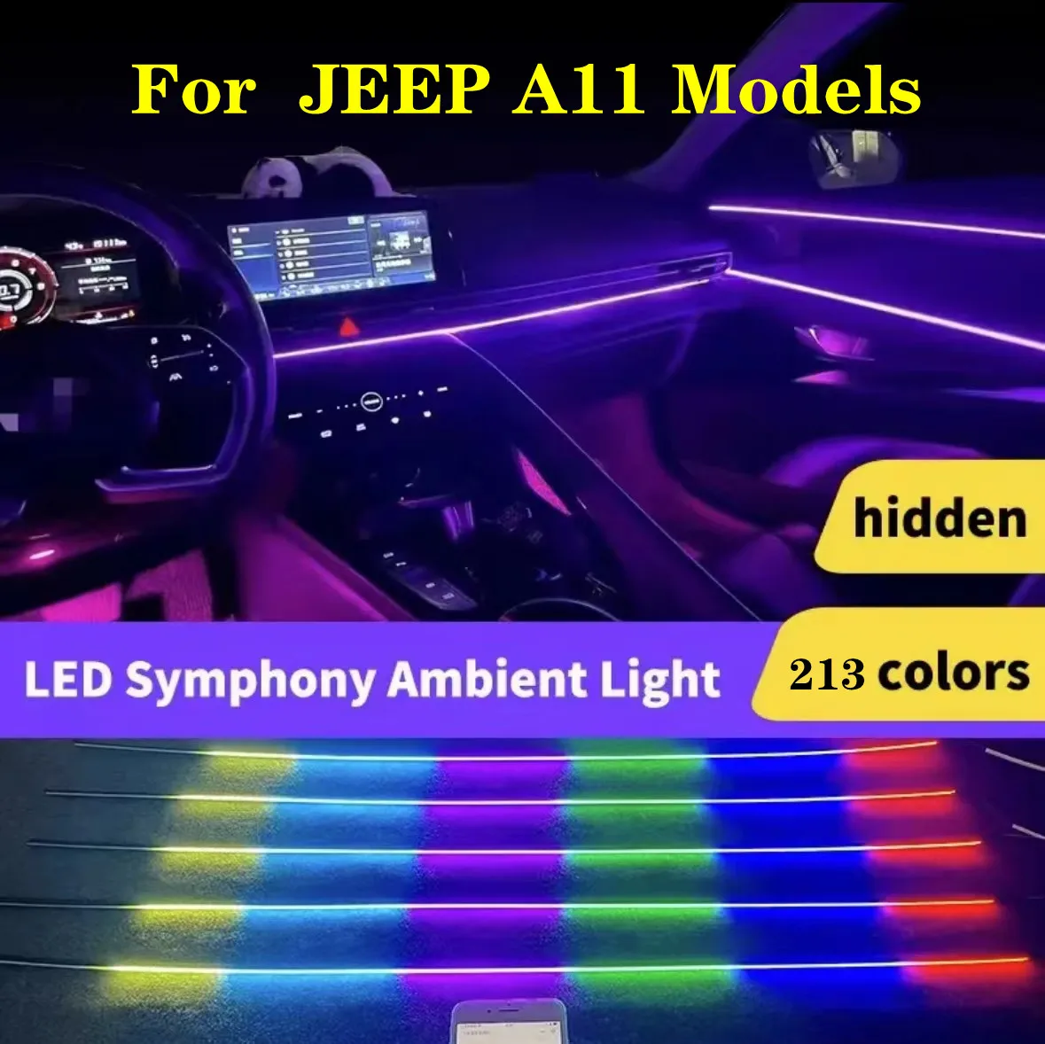 

Для JEEP Grand Cherokee Commander Renegade, 213 цветная симфония RGB, Автомобильный светодиодный интерьер, яркие автомобильные аксессуары