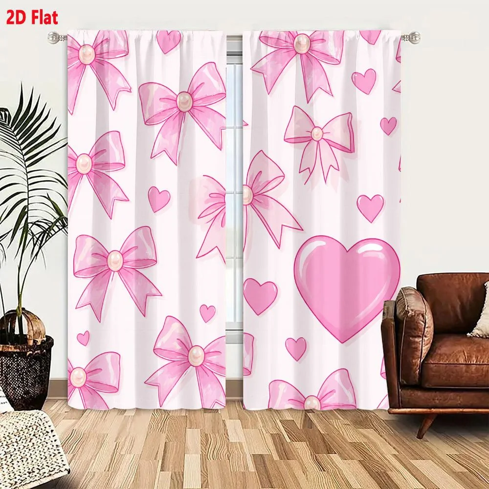 2Pcs Curtains 2D Flat Pastel Pink Bows And Hearts Pattern With Glossy Details And Light Background Whimsical Decorative Design W