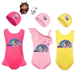 2-14Y Girls Swimwear Gabbys Dollhouse Baby Girls One Piece Vest Swimsuit + Swimcap Kids Cartoon Gabby Cat Bathing Suit Swim Gear