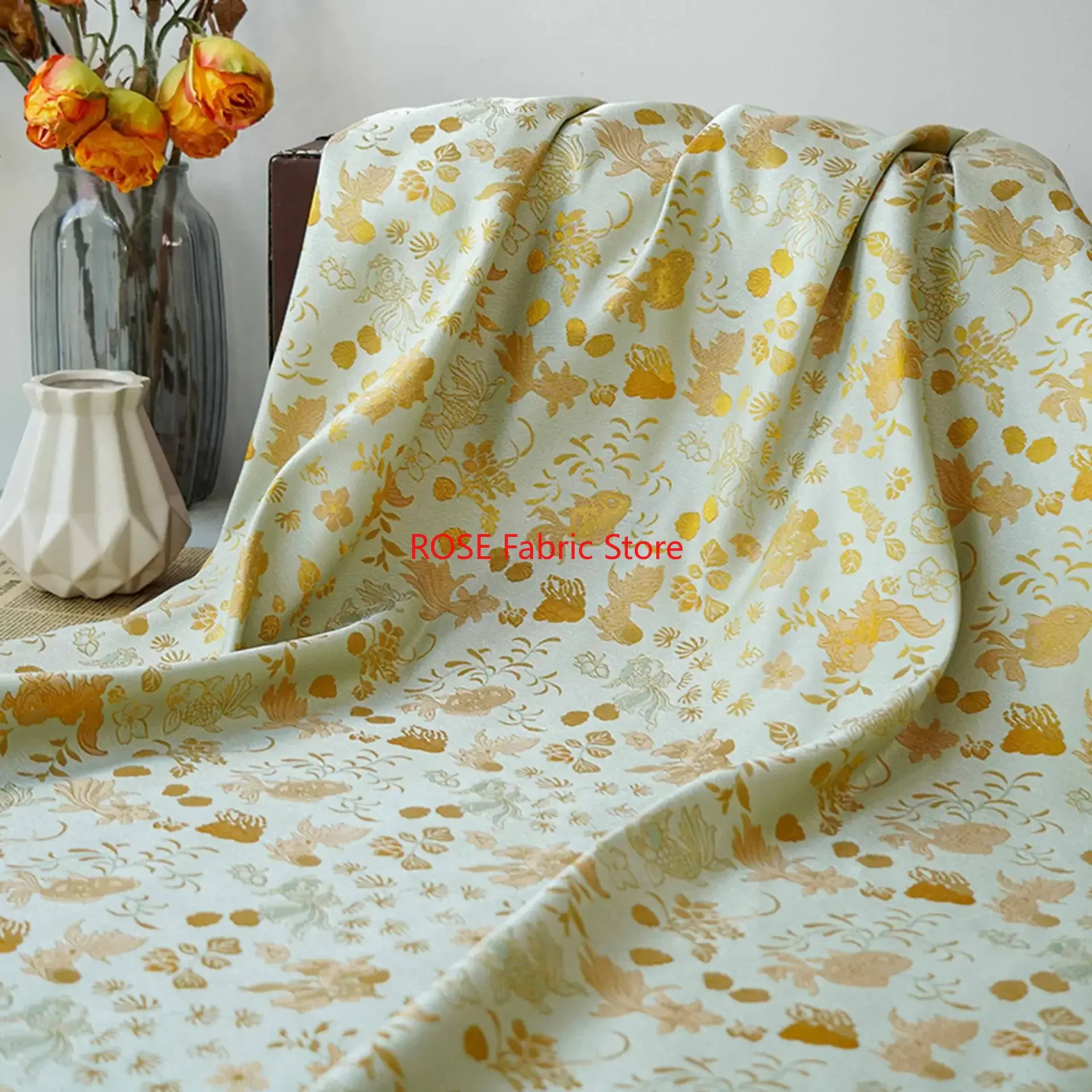 1 meter Chinese Style Goldfish Seaweed Pattern Jacquard Fabric Cheongsam Vest Hanfu Dress Decorative Sewing Fabric